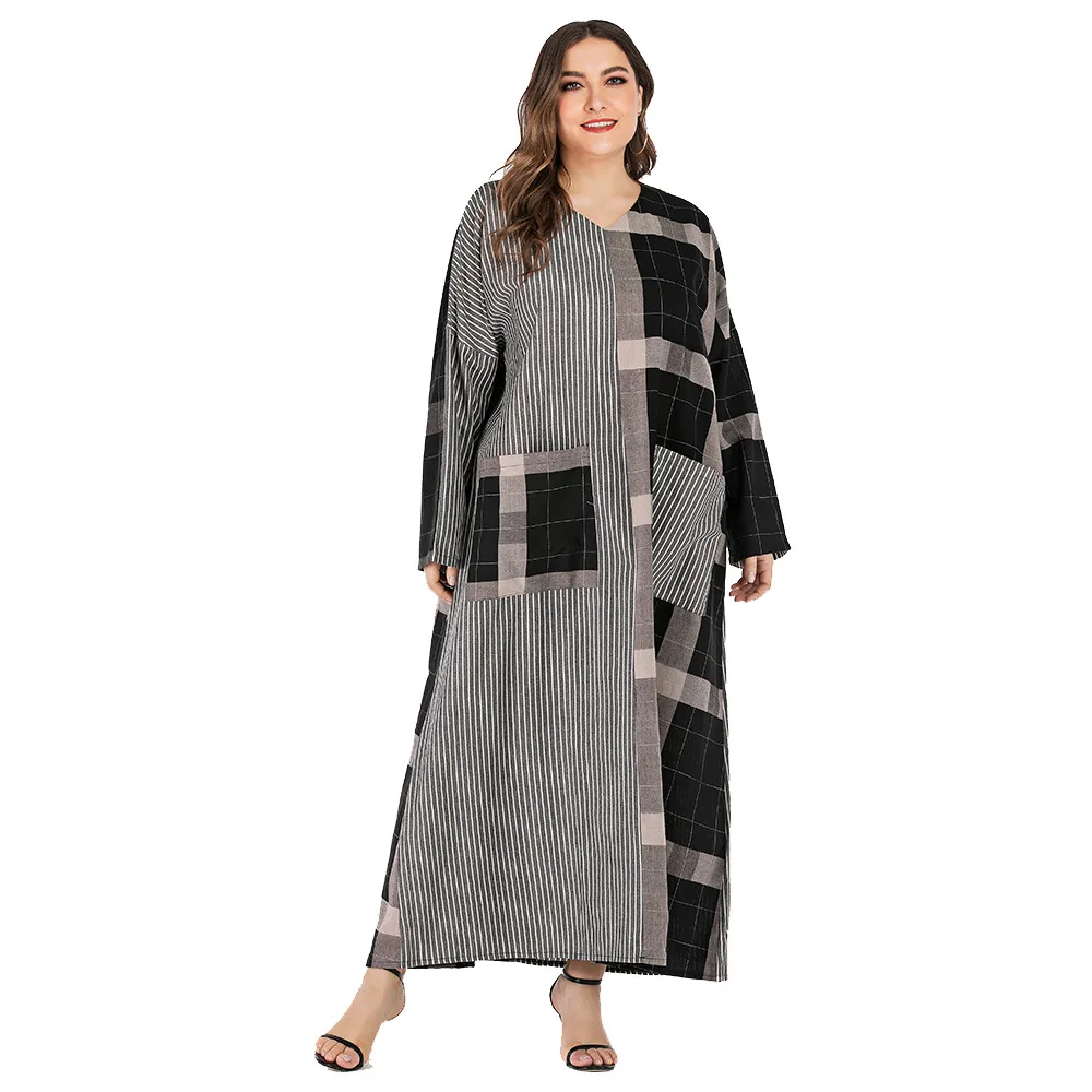 

LEX Plus size fat women clothing 2021 V-neck stripe geometric print long casual loose long sleeve dress muslim women dress