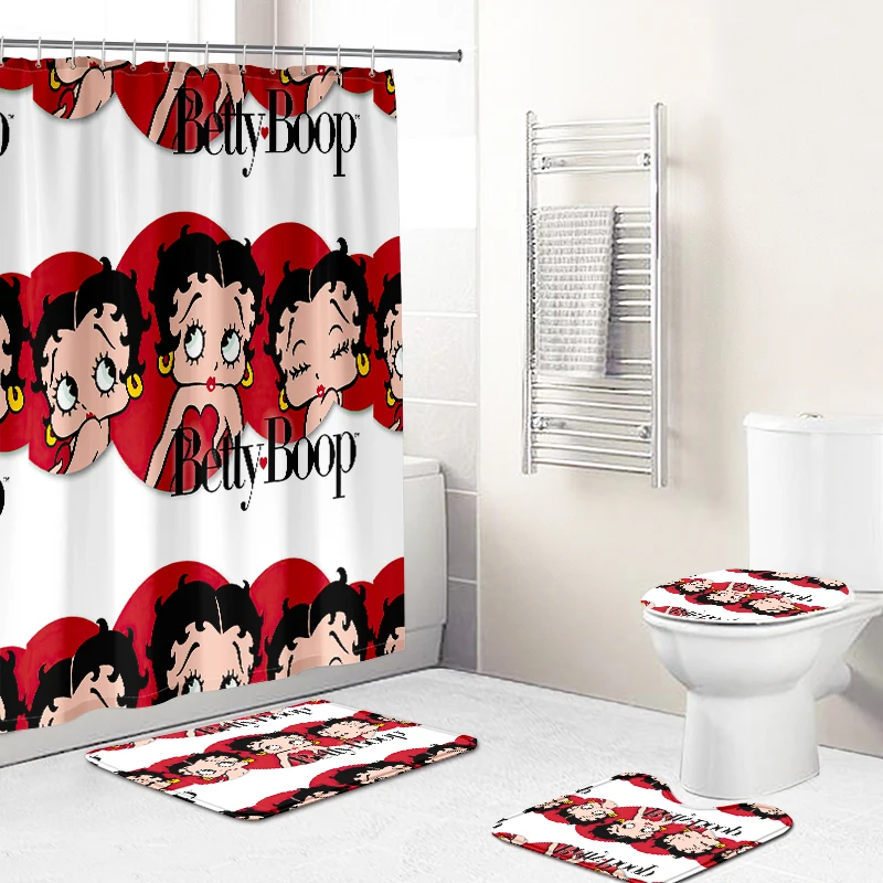 

Sexy Girl Betty Boop Cartoon African Women Kids Shower Curtain with 3pcs Bath Mat Rugs Bathroom Shower Curtains Set, Custom colors