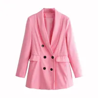 

women stylish pink blazer double breasted pockets long sleeve casual solid coat female office wear outerwear tops Y11999