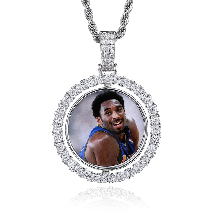 

Hip-Hop Rotatable Double-Sided Photo Custom Iced Out Pendant Zircon Memory Pendant Necklace, Gold/silver