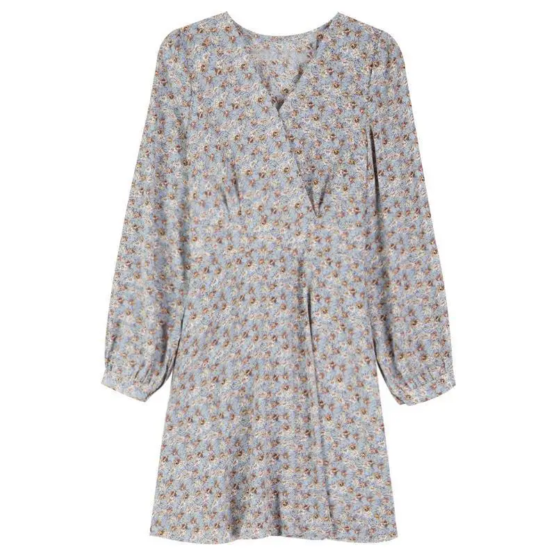 

Spring and autumn winter high waisted chiffon long sleeve floral dress