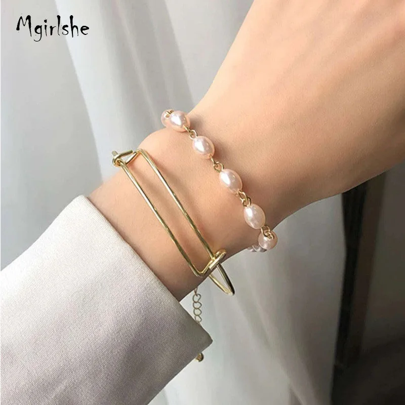 

Mgirlshe Simple Baroque Pearls Metal Bracelet 2pcs Set Luxury Vintage Gold Metal Adjustable Women Bracelets Set Wholesale, 1 colors