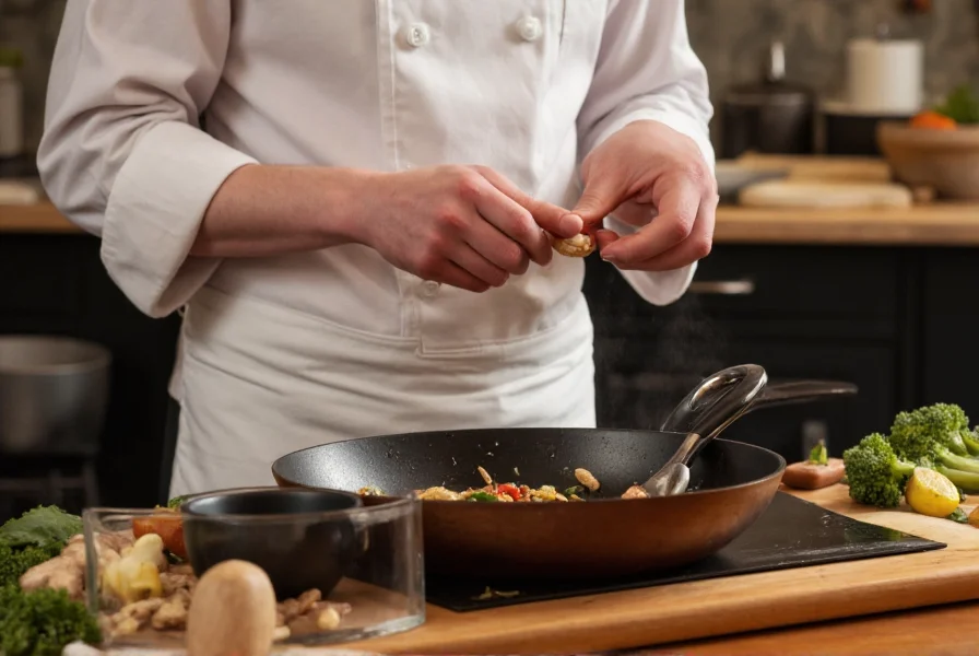 Chef's hands adjusting ginger measurements in a recipe while cooking