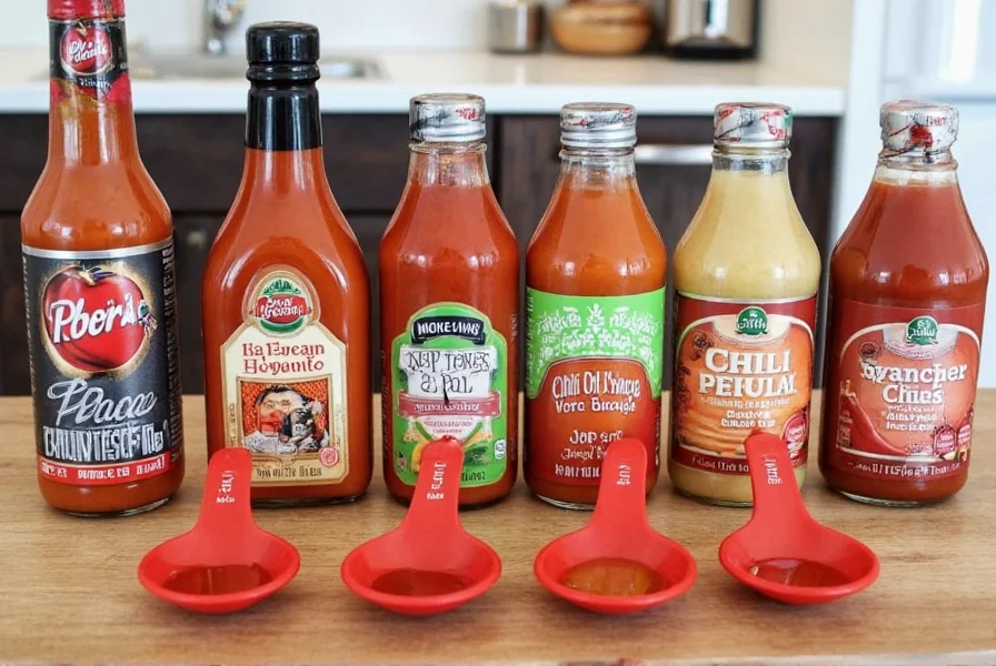 Various chili sauce alternatives arranged on kitchen counter with measuring spoons showing proper substitution ratios