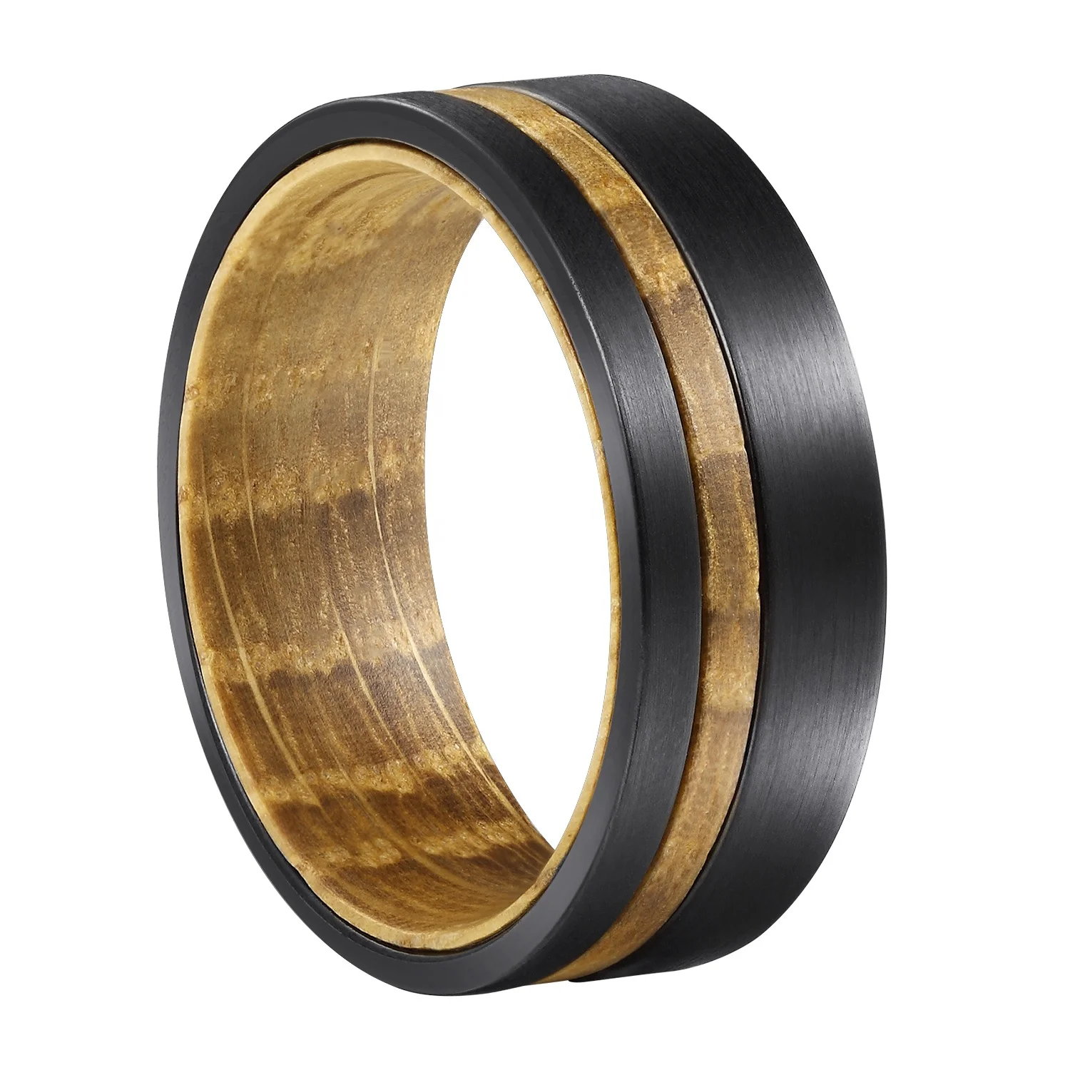 

New R002 solid wood 8mm wide mens wedding rings Tungsten carbide bands Barrel Wood Ring customized logo inside black blank inlay