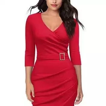 

Free Shipping Fancy Designer V Neck Buckle Belt Solid Clothes Women Ladies Office Wear Dresses