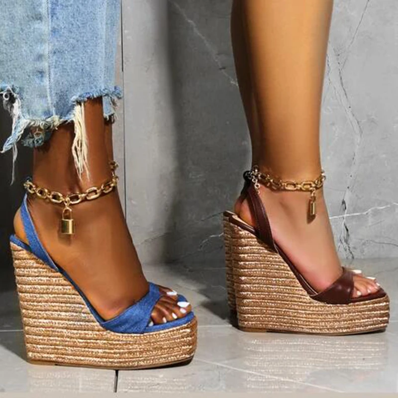 

112873 Hemp rope wedge heel women shoes platform metal chain decor ankle buckle strap square peep toe lady espadrille sandals