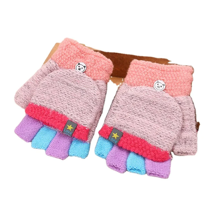 

2020 new children's warm writing Mittens thickened flip color matching wool minute knitting Mittens in autumn and winter