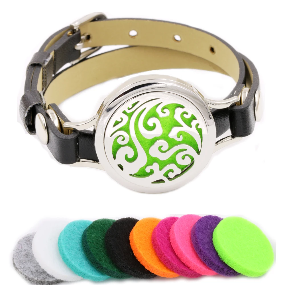 

Aromatherapy Essential Oil Diffuser Bracelet Perfume Locket Bangle with leather band and 10pcs refill pads gifts for girls women