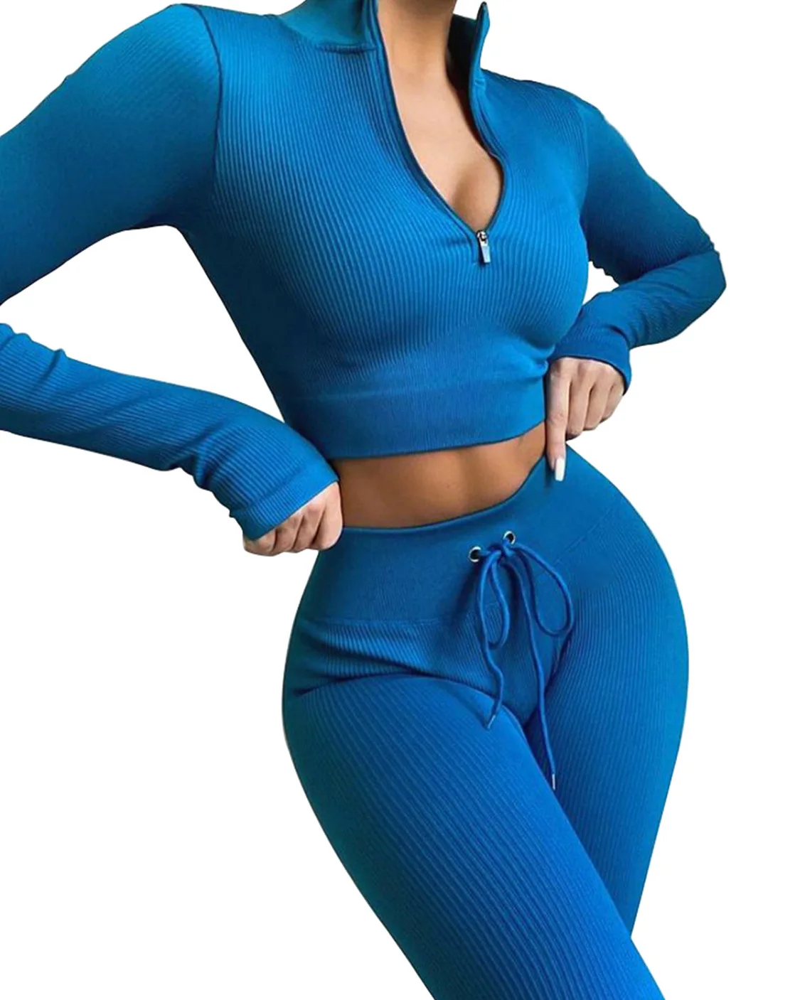 

INS Hot Selling Winter Sports Yoga Set Women's Compression Ribbed Long Sleeve Seamless Fitness Athletic Yoga Set