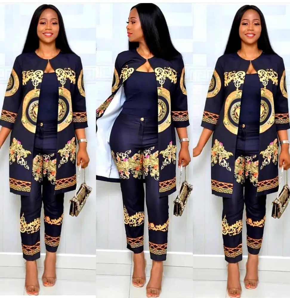 

African clothes women's fashion digital print sleeves coat trousers suit temperament female tops pant, White, navy, black