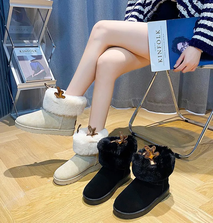 

New arrival winter women shoes fluffy Slippers solid color antlers snow boots fashion ladies keep warm boots, Picture