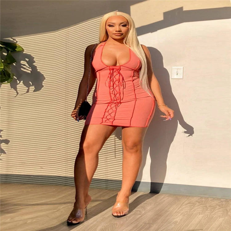 

DUODUOCOLOR Fashion low collar bandage sleeveless pink skirts summer short dress women sexy party wearing D10099