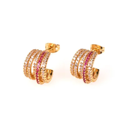 

European and American Gold Plated Rainbow CZ U Shaped Stud Earrings Full Crystal Five Layers Wide Circle Stud Earrings