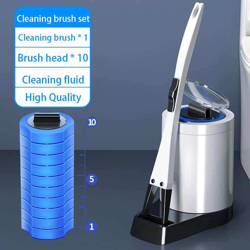 

Household Bathroom Disposable Cleaning Toilet Brush and Holder Set With 10 Brush Heads Cleaning Solution Convenient Use, White