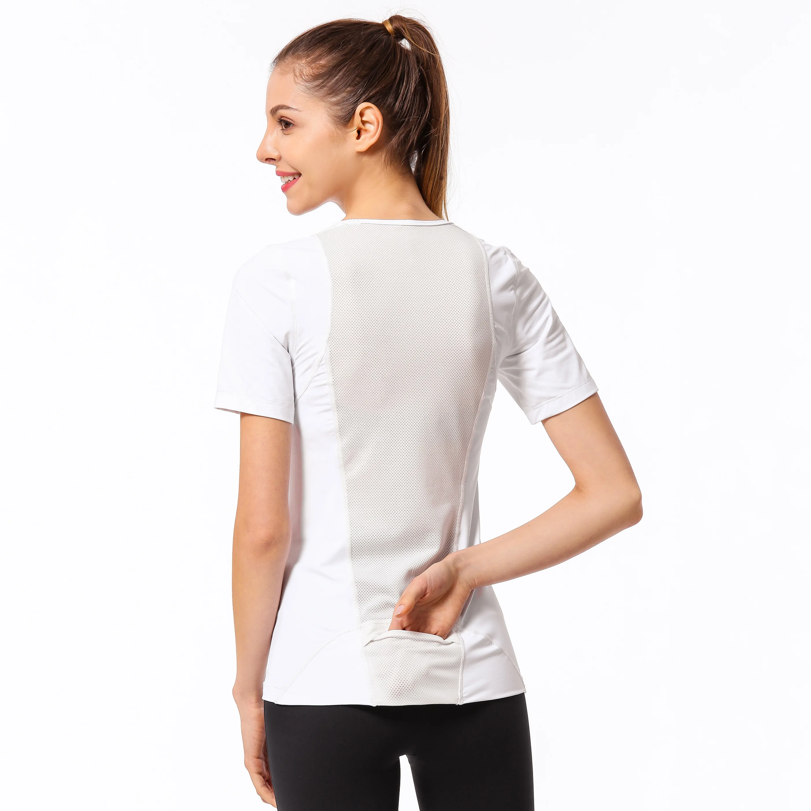 

Hot sale Fashion Breathable Mesh Stitching Back Pocket O-neck fitness tshirts for women