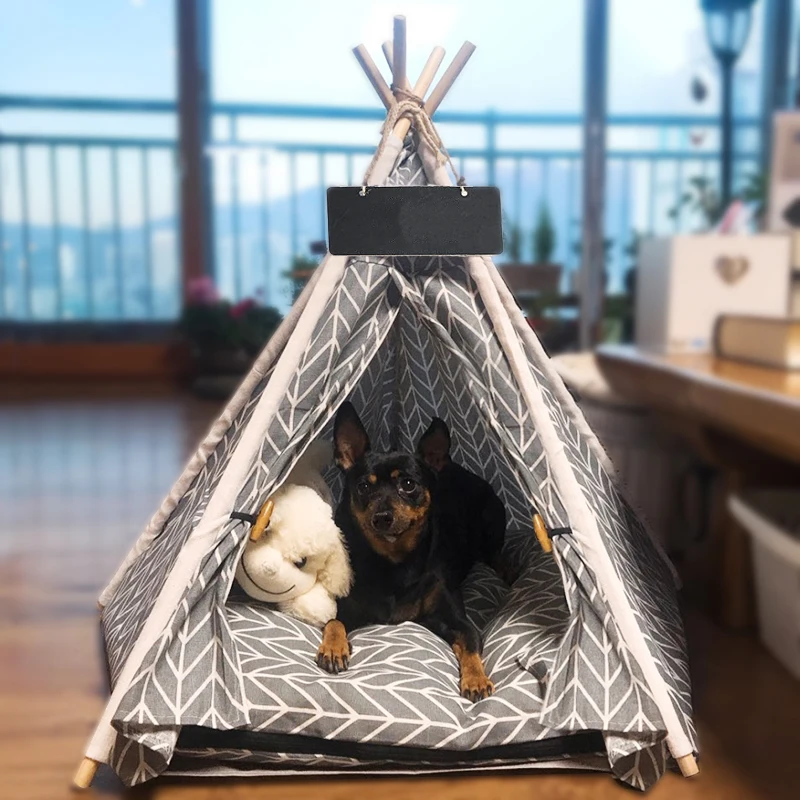 

Teepee Bed White Canvas Cute House - Portable Washable Dog Tents for Dog(Puppy) & Cat Pet (with Cushion)