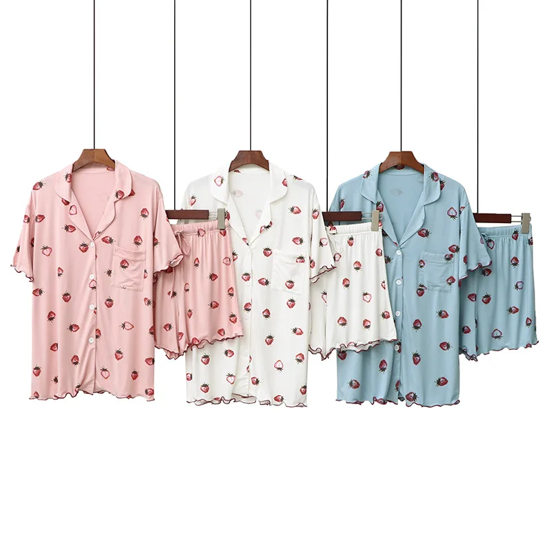 

JULY'S SONG Cute Printed Womens Girls Sleepwear Casual Short Sleeve Shirts Shorts Homewear Loungewear Pink Pajamas Suit Female, Pink blue white