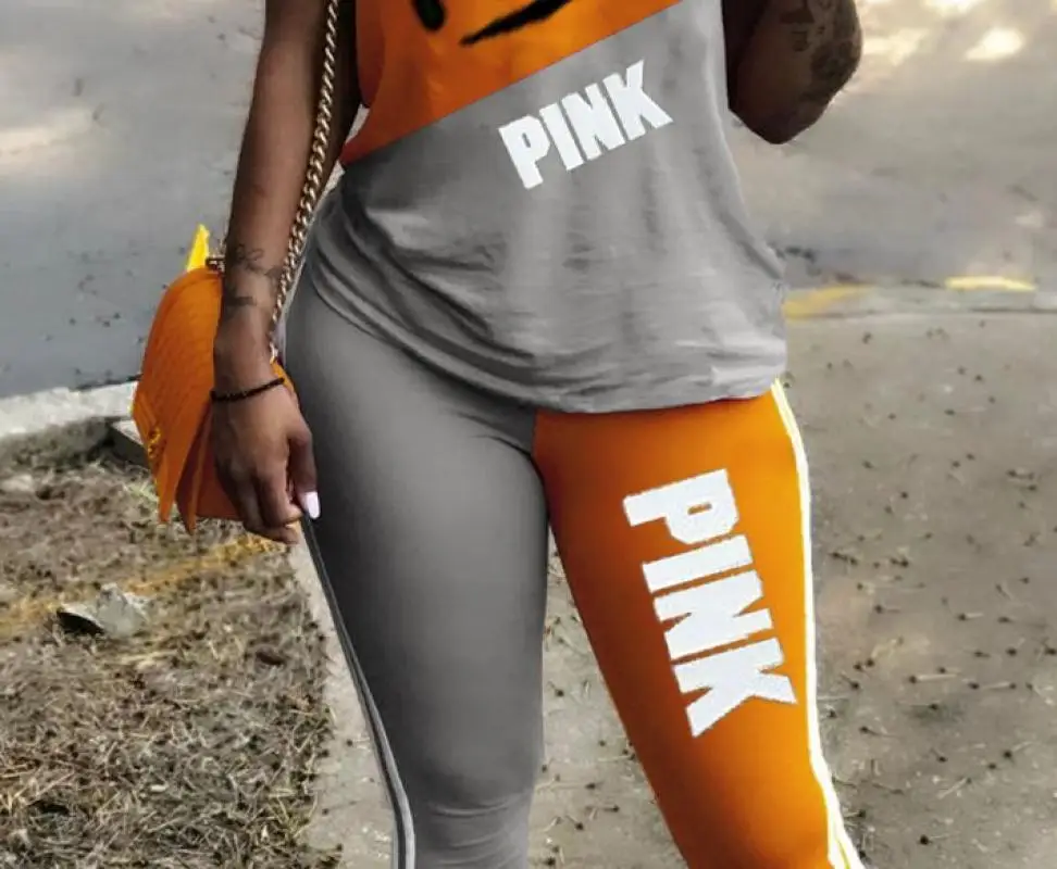 
summer hot sale women casual 2 piece set printed letter pink long trousers & top 