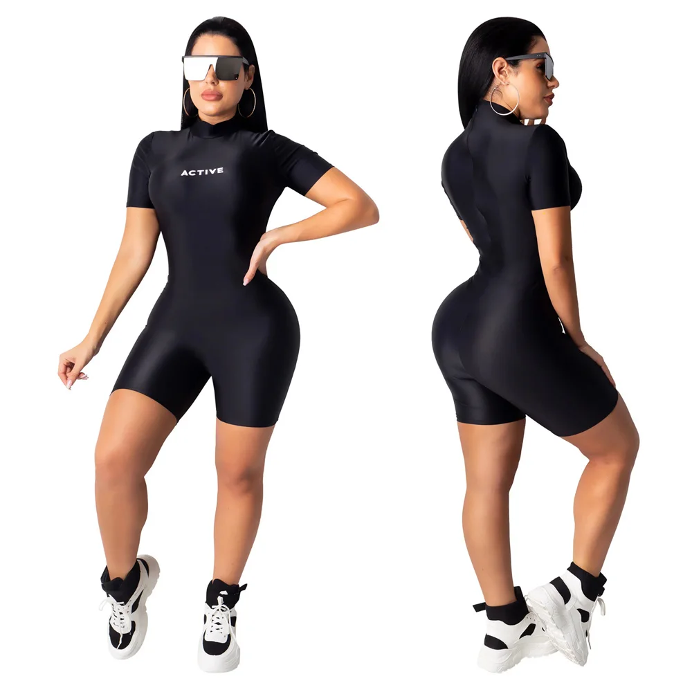 

sport solid color letter print romper women short jumpsuit, Light blue,black, red