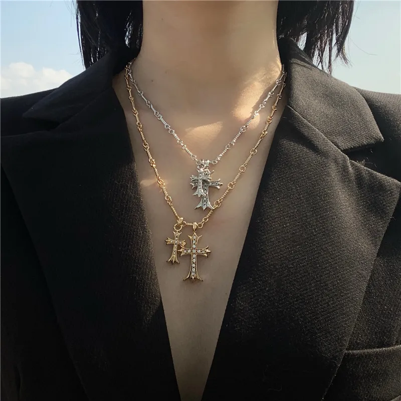 

New Personality Cross Square Metal Multilayer Hip hop Long Chain Cool Simple Necklace For Women men Jewelry Gifts