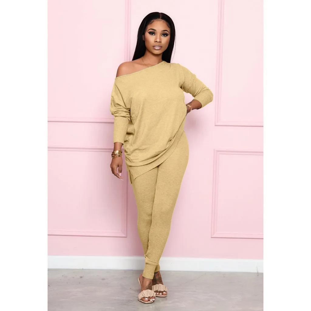 

New product ideas 2021 Fashion two piece set solid round neck side off shoulder two piece loose casual two piece set, Picture shows
