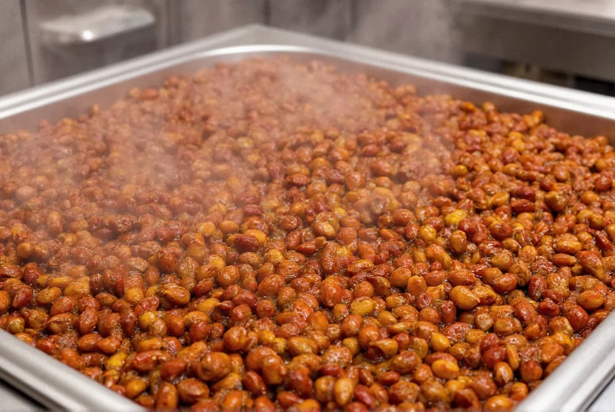 Large stainless steel steam table filled with steaming cafeteria chili, showing the thick consistency and uniform texture