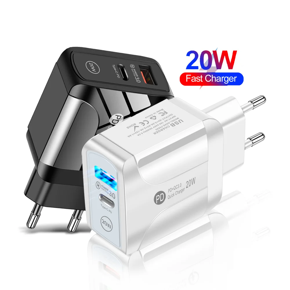 

Free Shipping 1 Sample OK 20W PD Charger Type C Wall Charger Cargador for Iphone 12 QC3.0 Mobile Phone Travel Charger Adapter, White/black