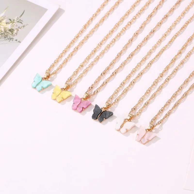 

Wholesale Summer Gold Plated Alloy Colorful Acrylic Butterfly Pendant Chain Necklace for Women, Gold and silver plating