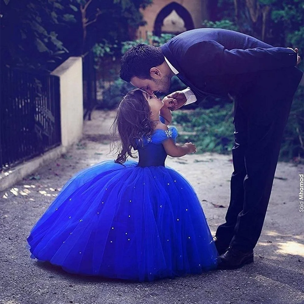 

royal blue kids puffy leeve long ball gown clothing flower girls' party dress