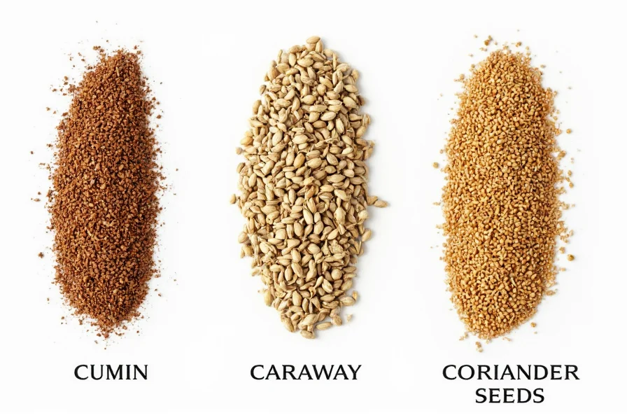 Side-by-side comparison showing cumin seeds next to caraway and coriander seeds for visual differentiation