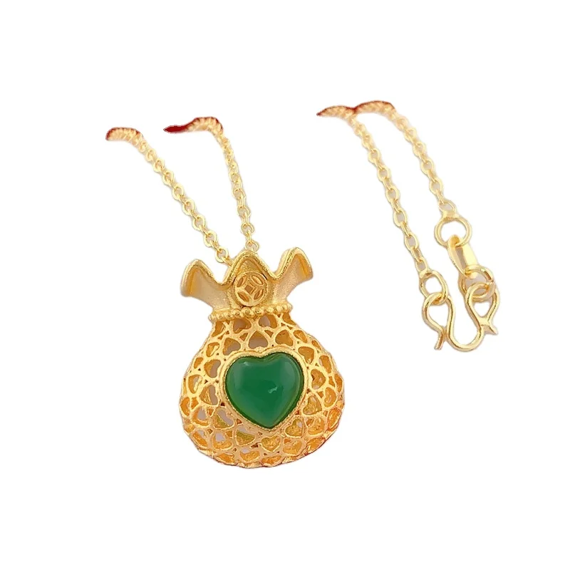 

Vietnam Sand Gold Plated 18K Gold Inlaid With Love Gemstone Hollow Money Lucky Bag Female Agate Crystal Pendant Necklace