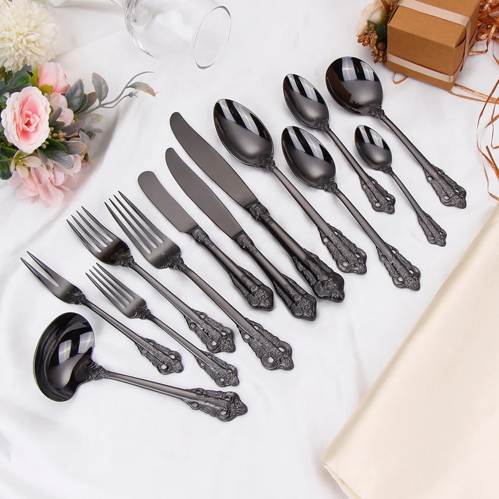 

Black Vintage 304 Flatware Embossment Silverware Stainless Steel Heavy Tableware Antique Luxurious Cutlery Set