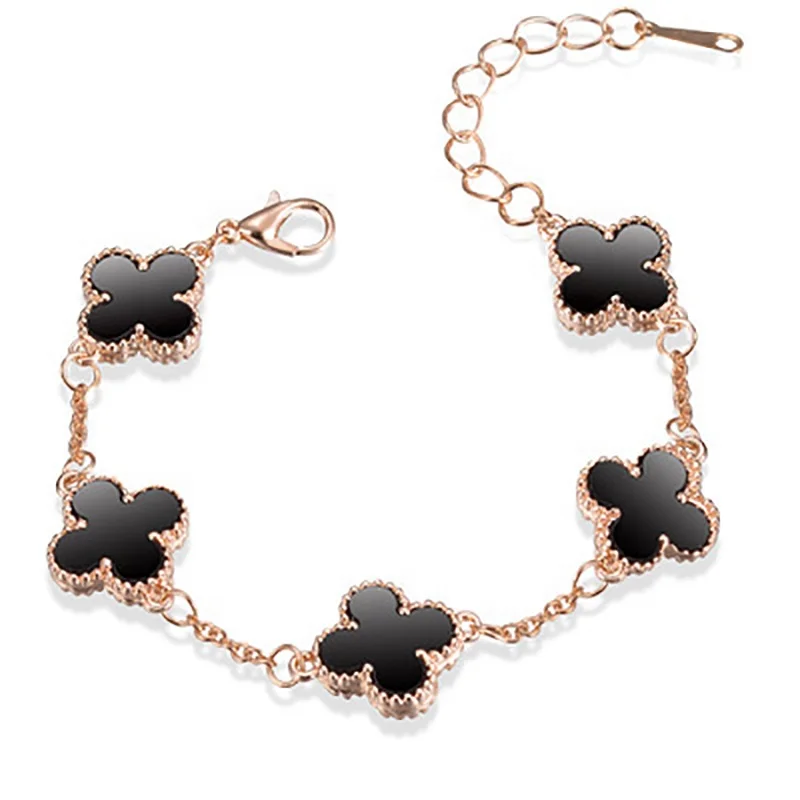 

Fashion Five Four-leaf Clover Chain Bracelets and Charms Wholesale Rose Gold Plated Bracelets, Bangles Trendy Alloy Claw Setting
