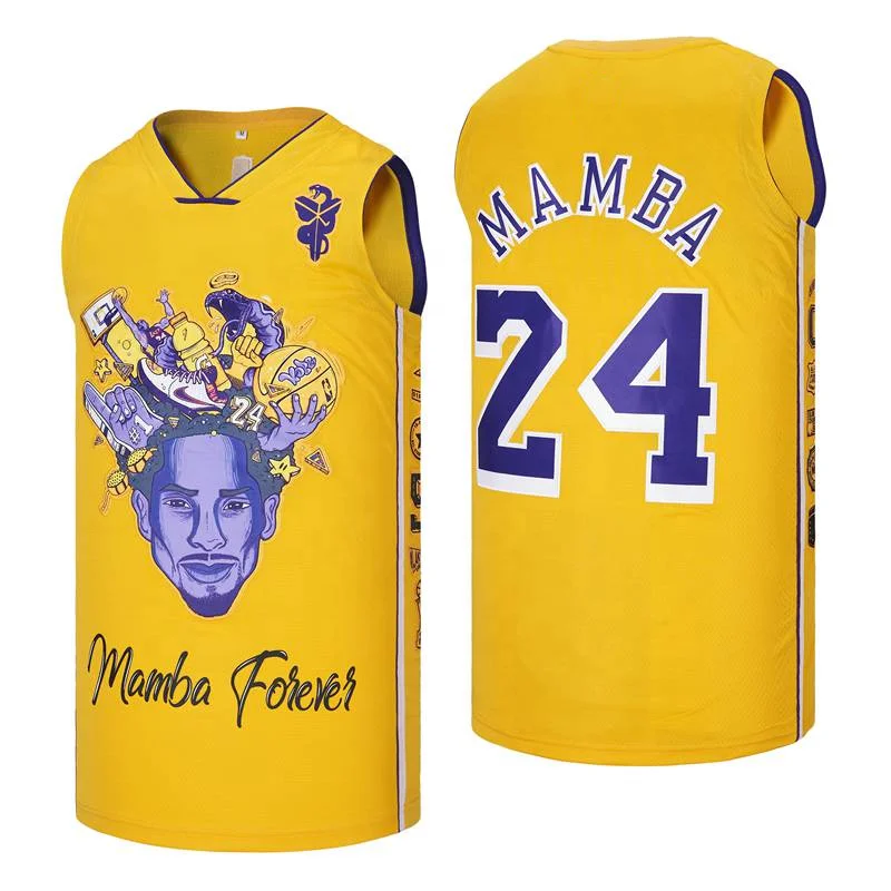 

Cheap Men's Fashion Summer Yellow MAMBA Forever 24 Basketball Tops Shirt, Custom accepted