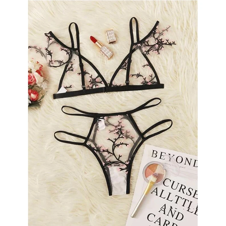 

NY-1078 New Amazon Hot Sales Floral Two Piece Lingerie Sexy Hot Transparent