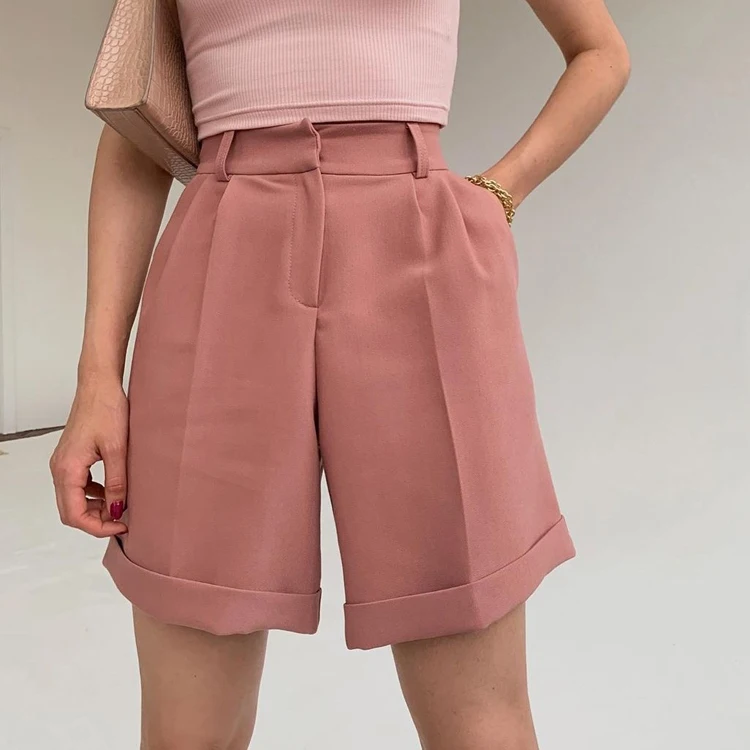 

Custom Logo Fashion Loose Pocket Solid Color Zipper Flanging Casual Shorts Women