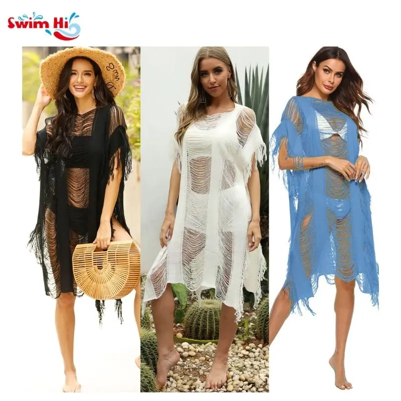 

Women Knitted Hollow Beach Swimsuit Cover Up Sun Protective Shirt Front Lace Summer Seaside Vacation Skirt Bikini Blouse