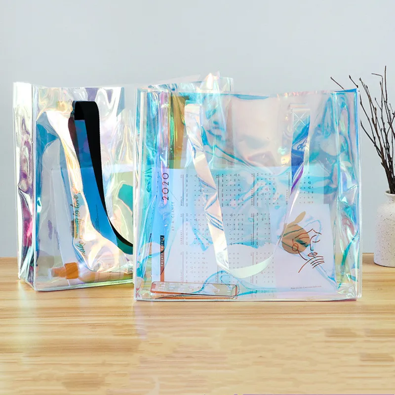 

PVC Holographic Tote Bag Transparent Shopping Bag Plastic Symphony Jelly Packaging Bag Custom Logo, As photo