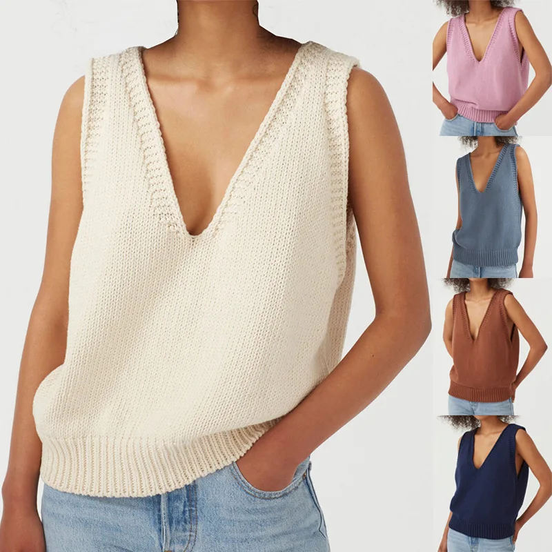 

factory custom brand Women's sleeveless sexy sweater spring new women deep V neck polyester knitted vest