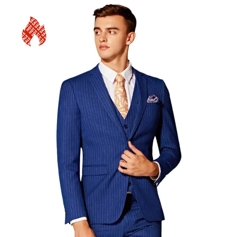 

High quality elegant striped groom wedding wear royal blue coat pant bridegroom suits set men suit 3 pieces