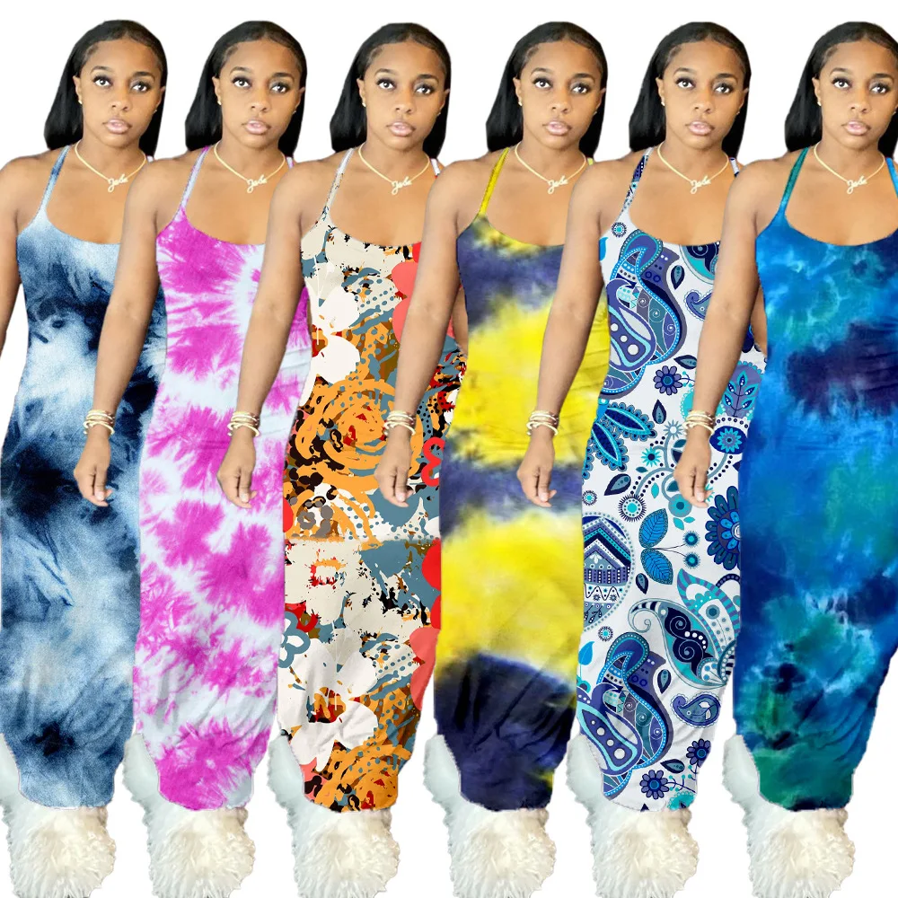 

Free Shipping R06096 - Fit Casual Slip Sleeveless Printed Tie Dye Long Dress Women