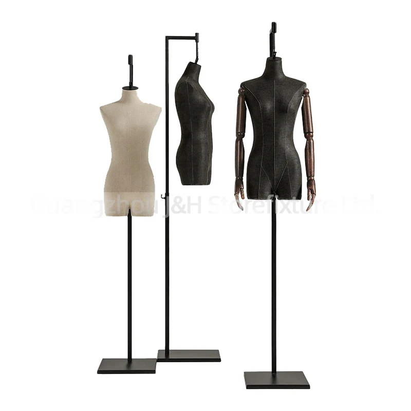 

Boutique Metal Base Mannequin Half Body Fiberglass Torso Headless Hanging Mannequin With Wooden Hand, Black,white