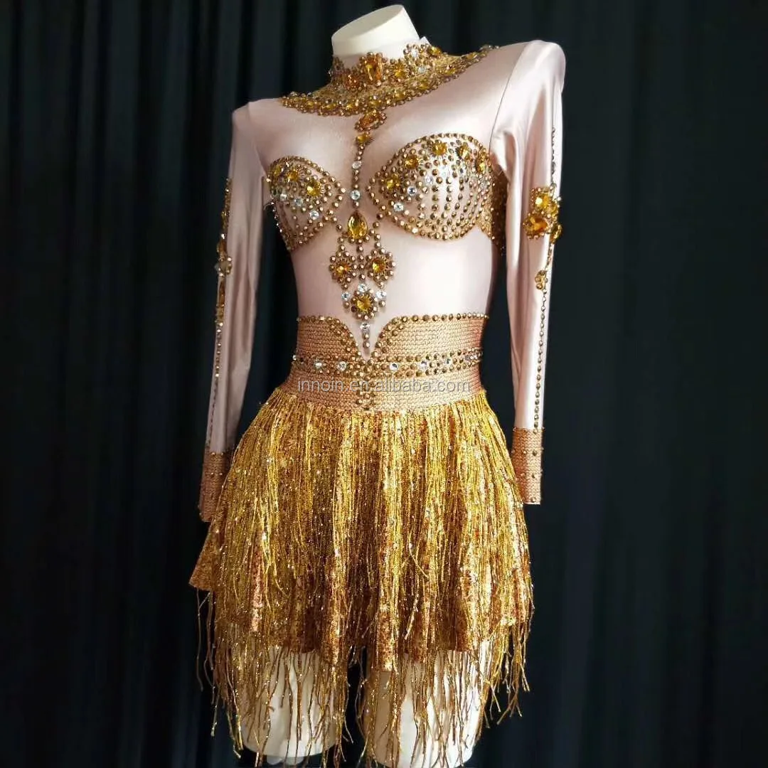 

Classic Noble Style Rhinestone Gold Color Long Sleeve Dance Costume With Tassel Women Dance Show Sexy Clothes
