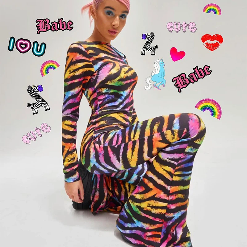 

High Street Wear Sexy Backless Zebra Print Long Sleeve Women Striped Flare Neon Jumpsuit, Customized color
