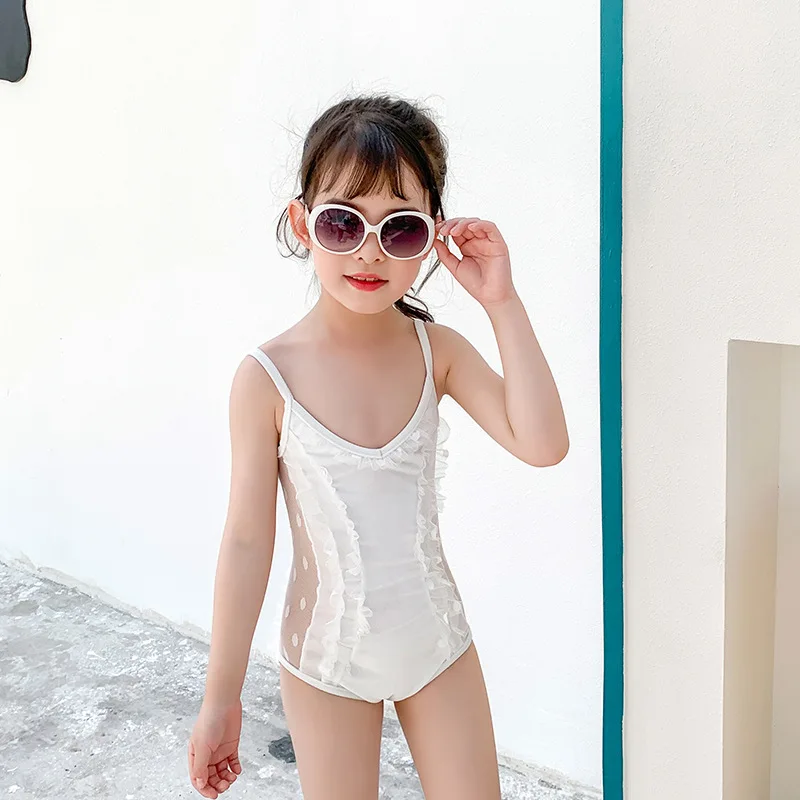 

Wholesale Sling Mesh Swimsuit One Piece V Neck White Solid Bathing Suits Swimwear Girls Kids