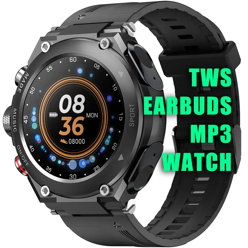 

ODM Factory Fitness Bracelet Sport Watch Health Monitoring MP3 Music Smart Watch with 2 In 1 Wireless Earbud Headphone earphone