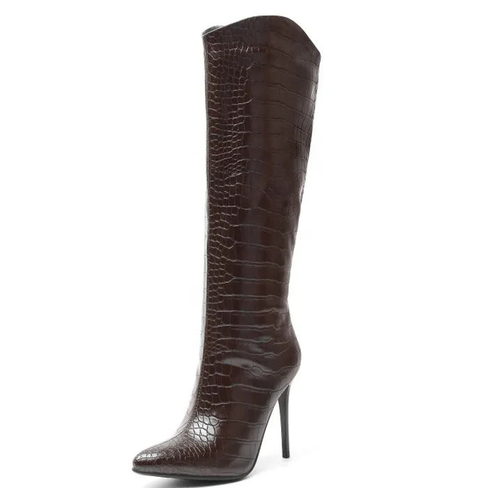 

Crocodile Grain Women's Claf High Dress Boots Knee High Pull on Booties Pointed toe High Heel Stiletto Winter Long Boots Shoes, White black coffee