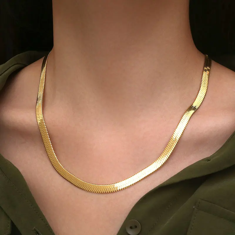 Wholesale Trendy 3/4/5MM Wide 18K Gold Plated Choker Necklace Stainless Steel Flat Snake Chain Necklace For Women