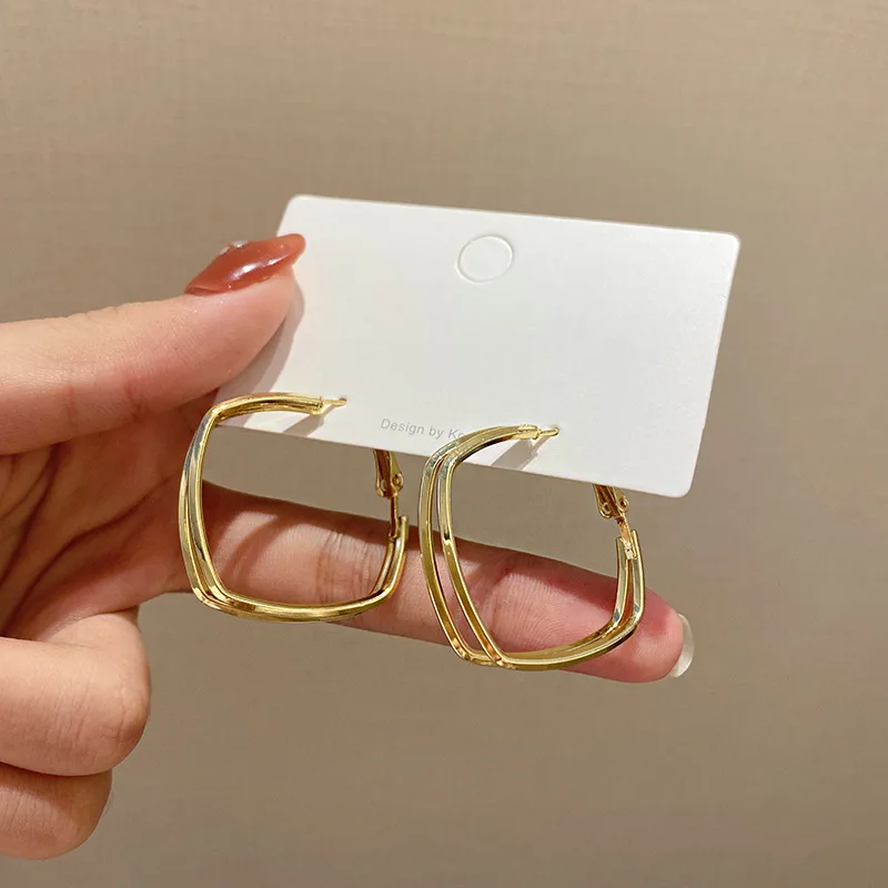 

European Gold Plated Double Layered Large Square Hoop Earrings Geometric Square Clip on Earrings for Women